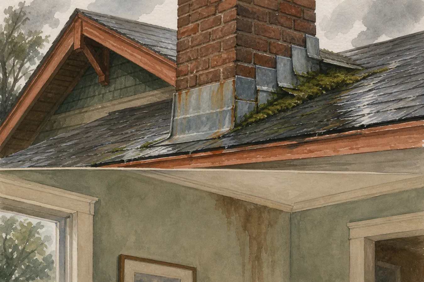 Illustrated brick chimney on a wet Portland bungalow roof with rusted step flashing and moss at the uphill cricket.