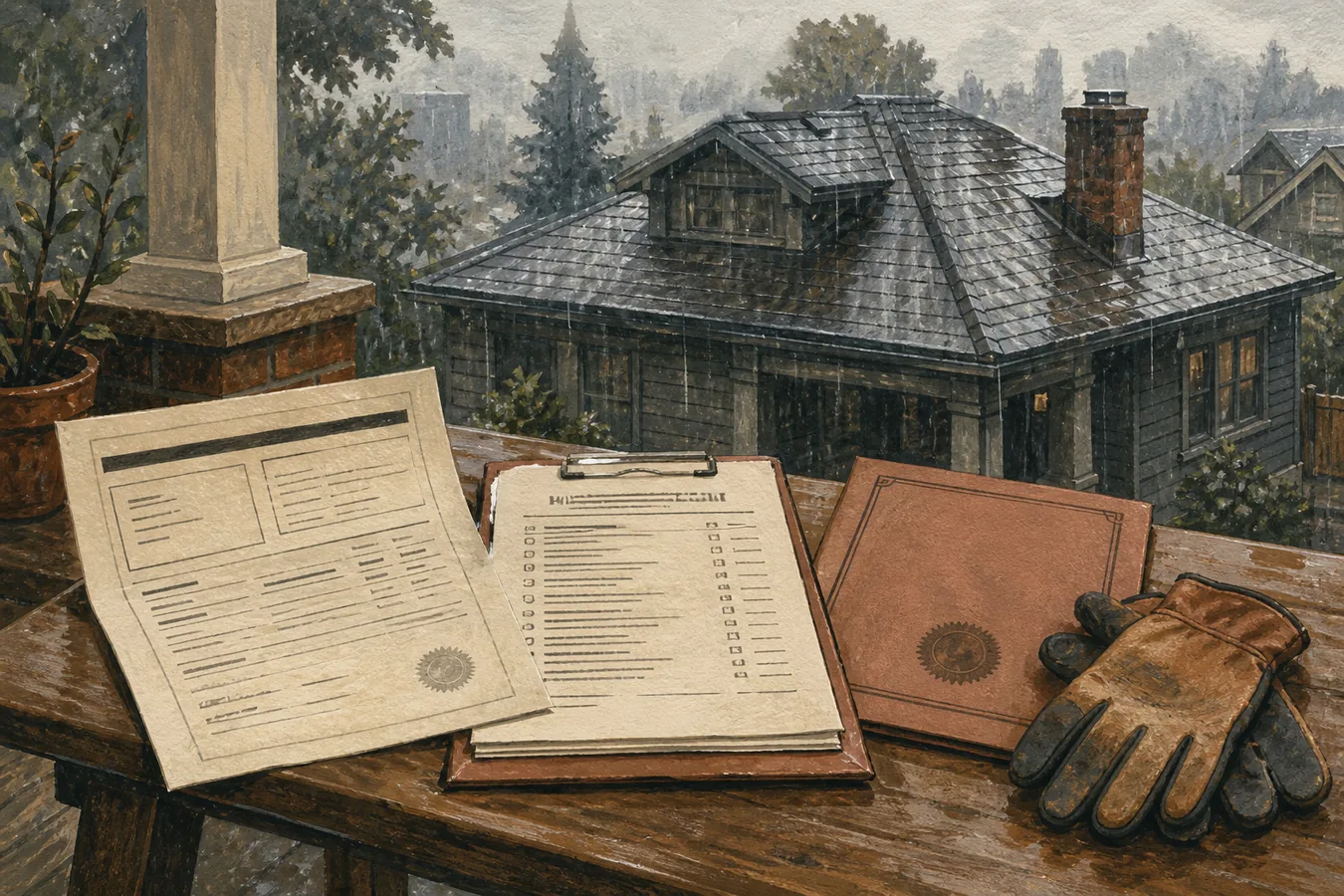 Illustrated Oregon porch table with a contractor license folder, written roofing contract, and a wet bungalow roof beyond.