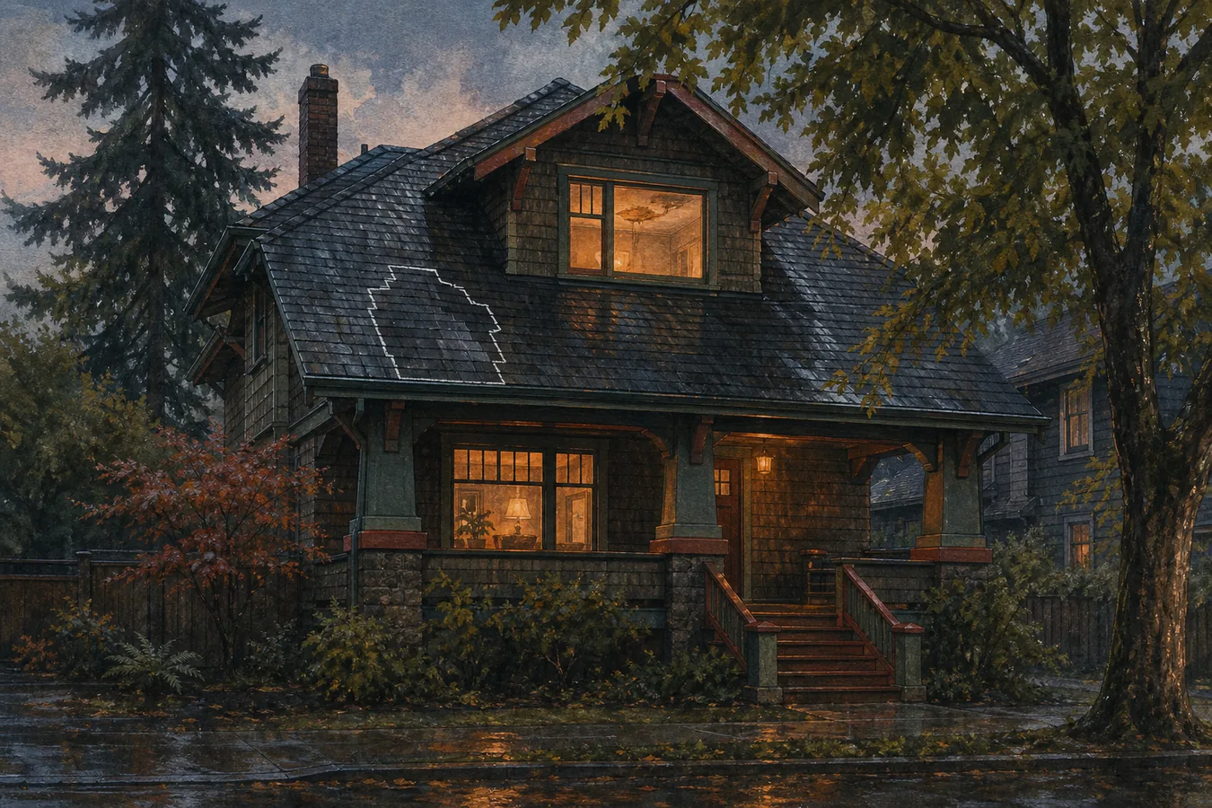 Illustrated Portland Craftsman bungalow in rain with a chalk-outlined leak repair on wet asphalt shingles.