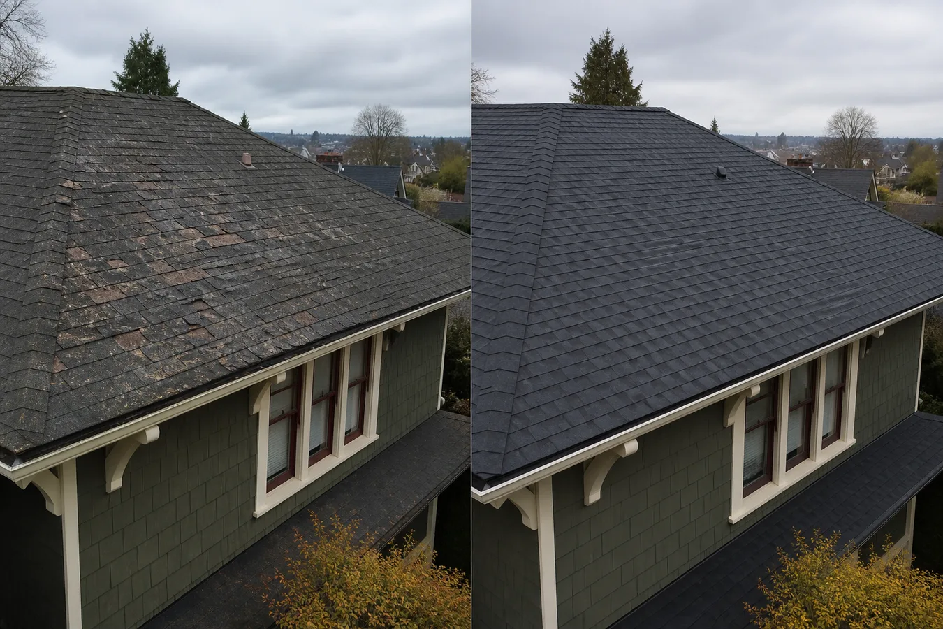 Illustrated comparison of worn roofing materials and a newly installed shingle roof.
