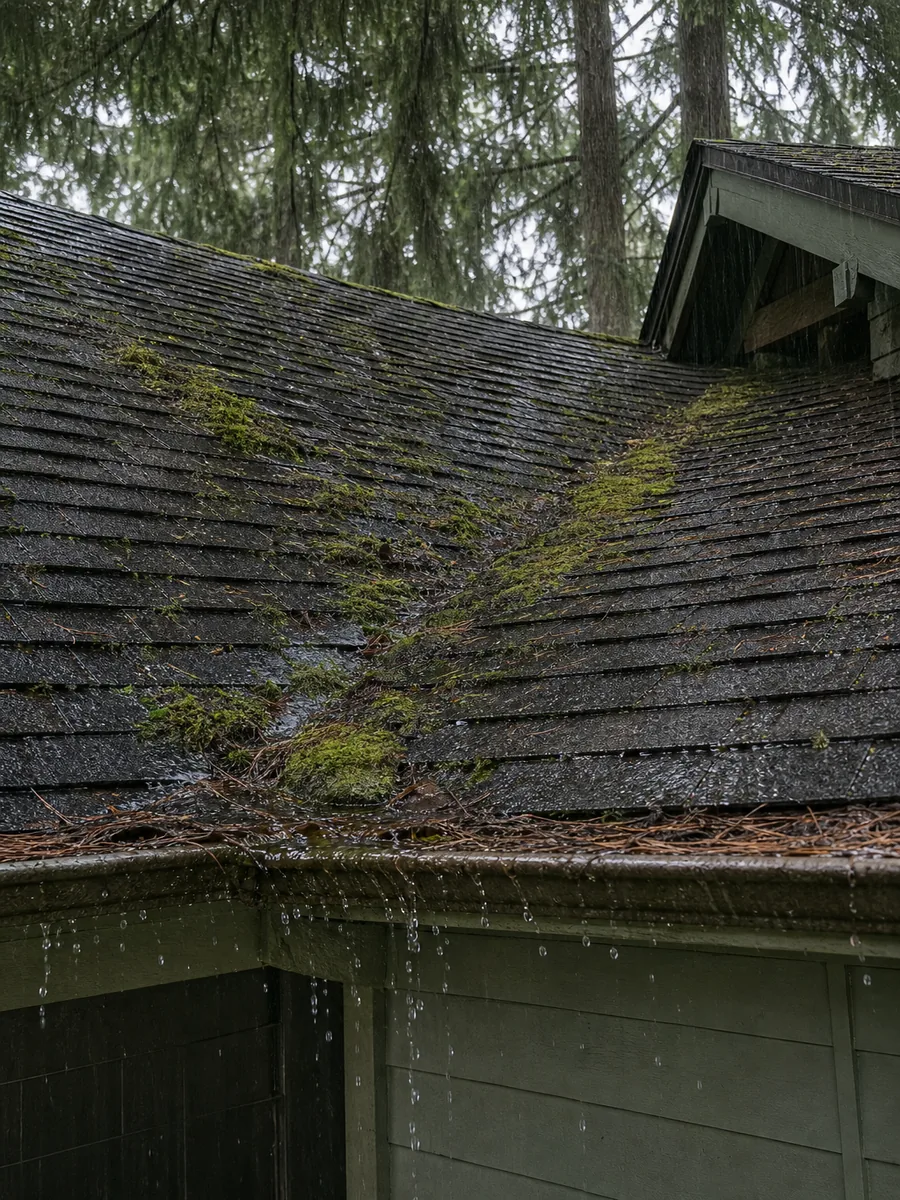 Mossy wet Portland shingles and an overflowing debris-filled gutter under fir trees in rain.