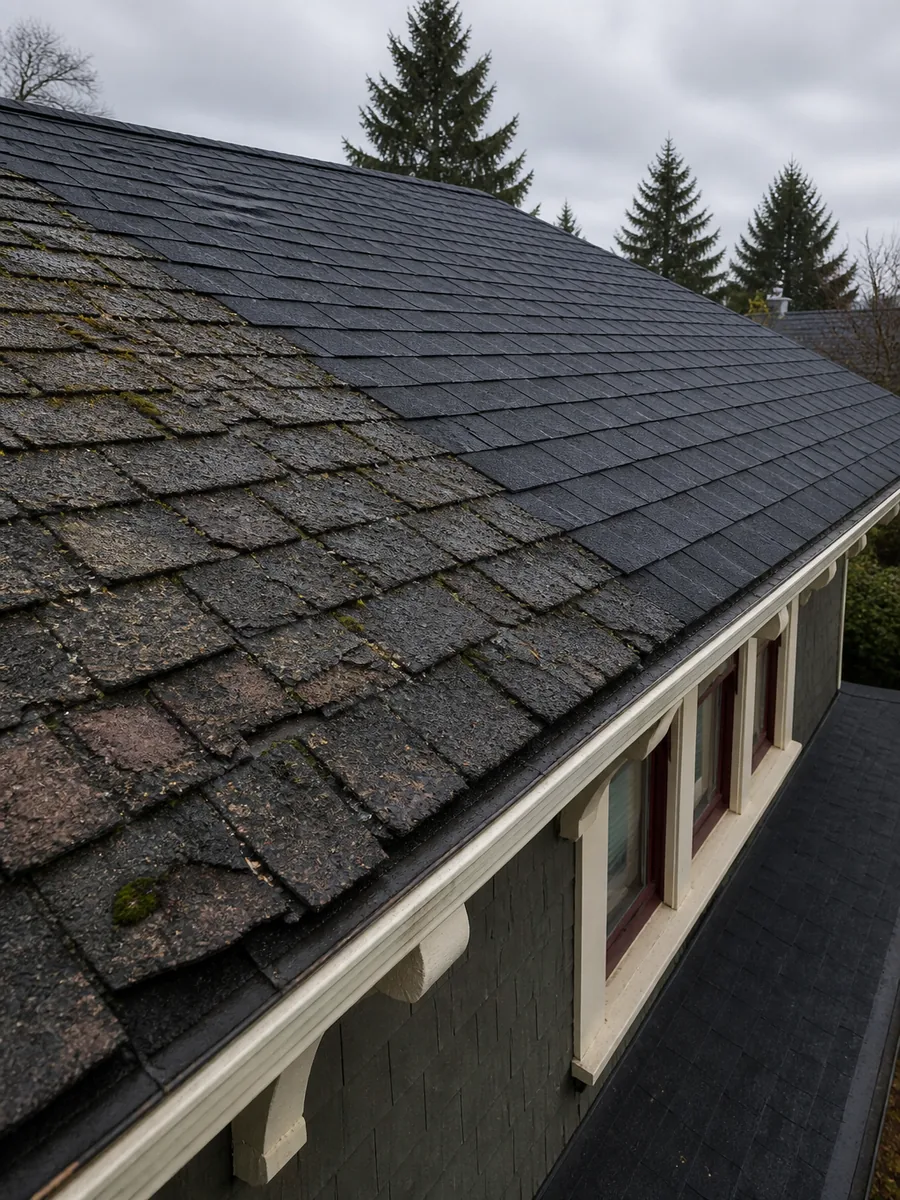 Worn mossy asphalt shingles meeting a section of intact newer architectural shingles on a wet Oregon roof.