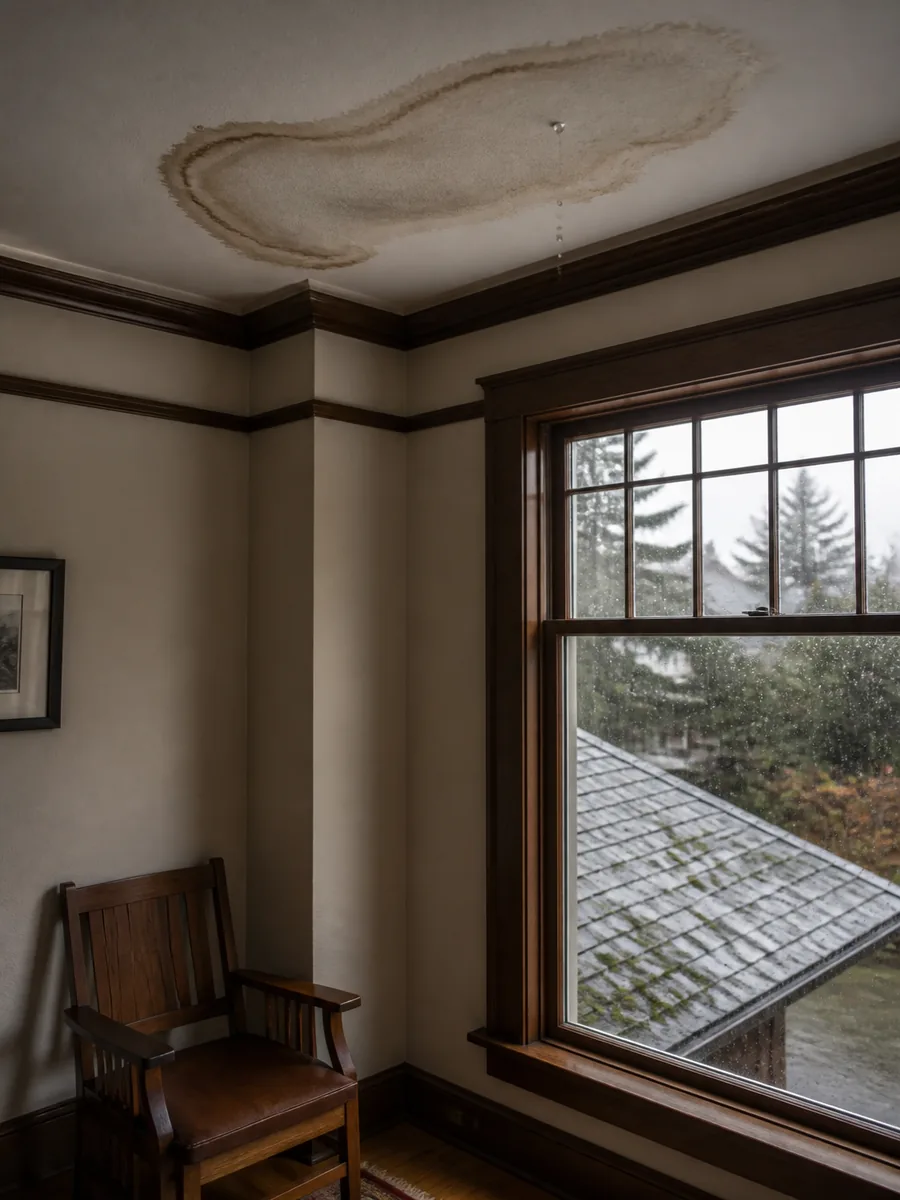 Water-stained Craftsman ceiling near a rainy window, with mossy wet shingles visible outside.