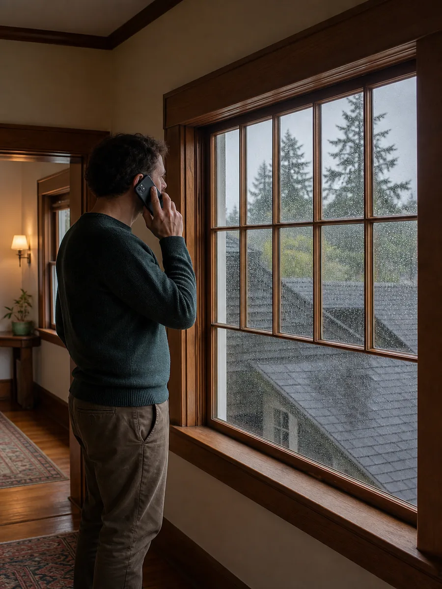 Homeowner on a phone call in a Portland Craftsman hallway, looking out at a wet roof in the rain.