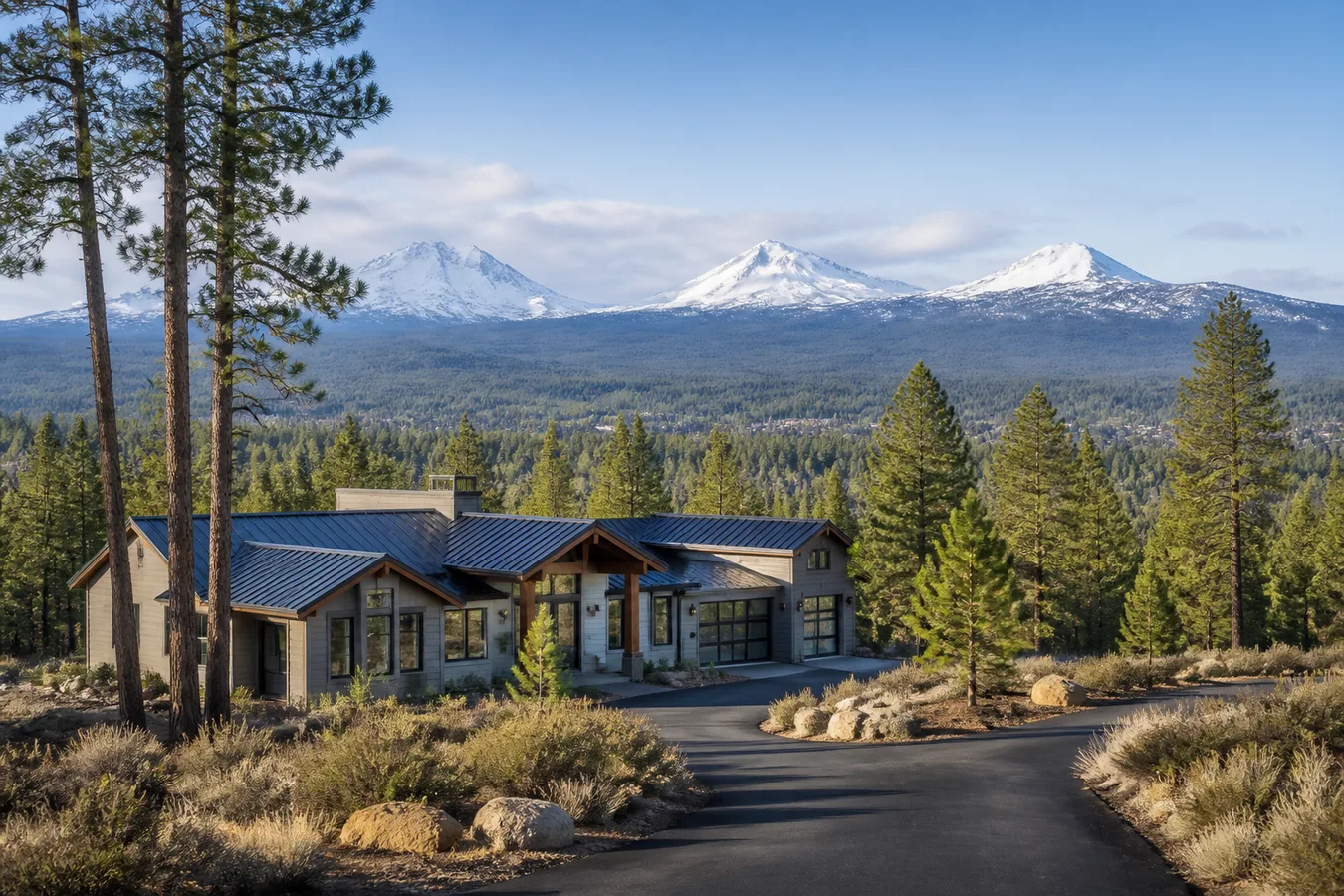 Illustrated Central Oregon home and pines with Cascade mountains in the distance.