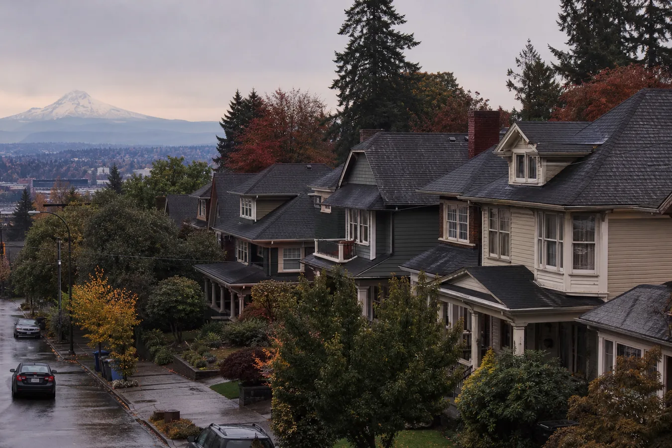 Illustrated Portland metro neighborhood of pitched residential roofs after rain.
