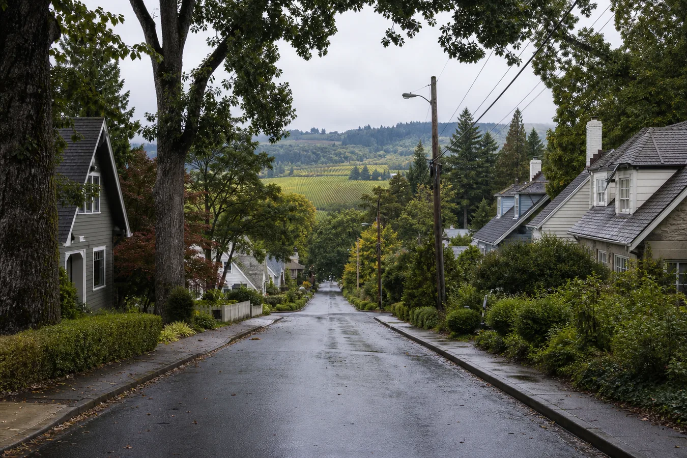 Illustrated Willamette Valley town street with older homes and wet tree canopy.