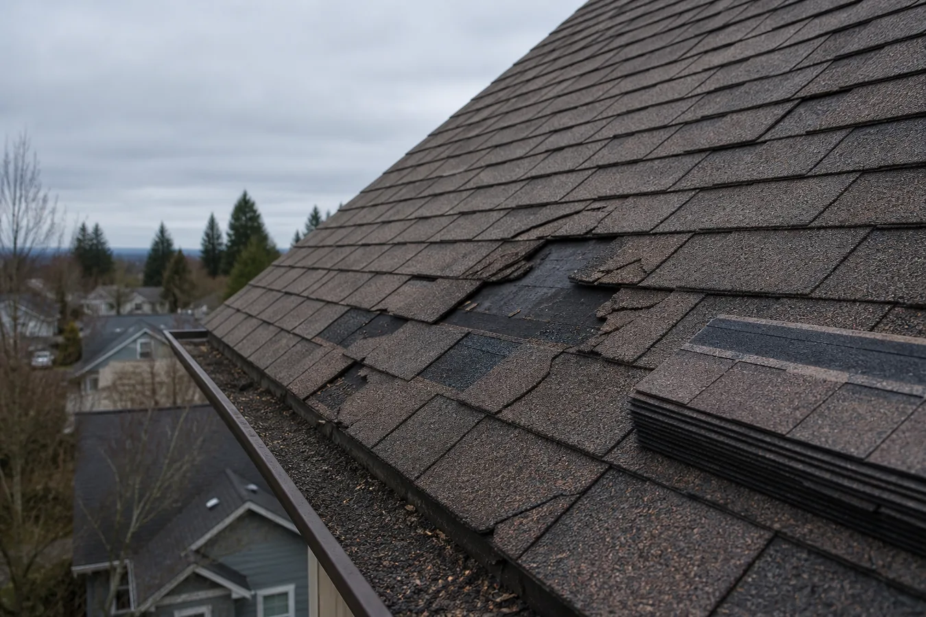 Illustrated close view of cracked and missing asphalt shingles.