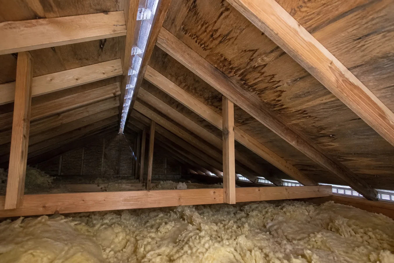Illustrated attic interior with insulation and ventilation openings.