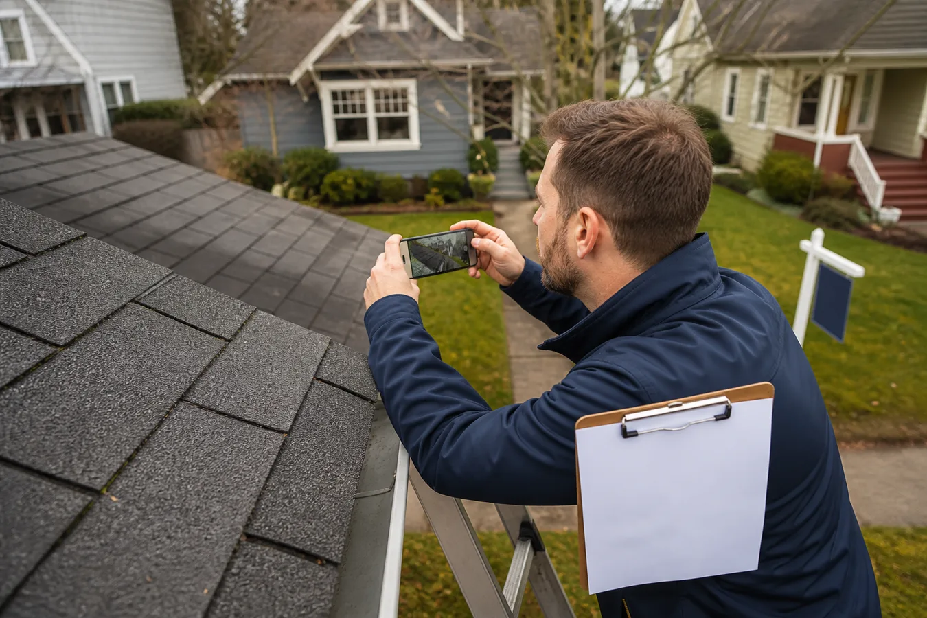 Illustrated roof condition review during a property walkthrough.