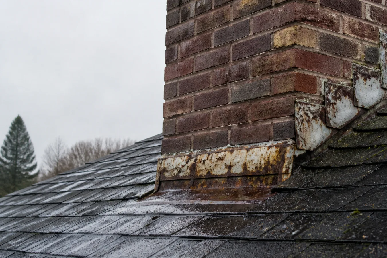 Illustrated brick chimney with deteriorated roof flashing.