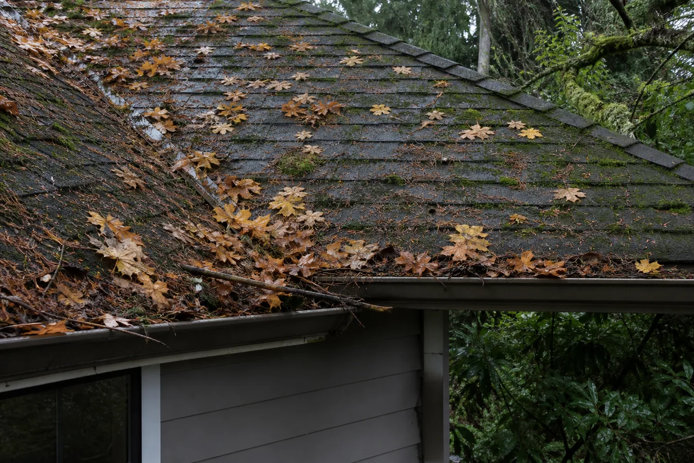 Illustrated needle and leaf debris on a Portland roof and gutters.