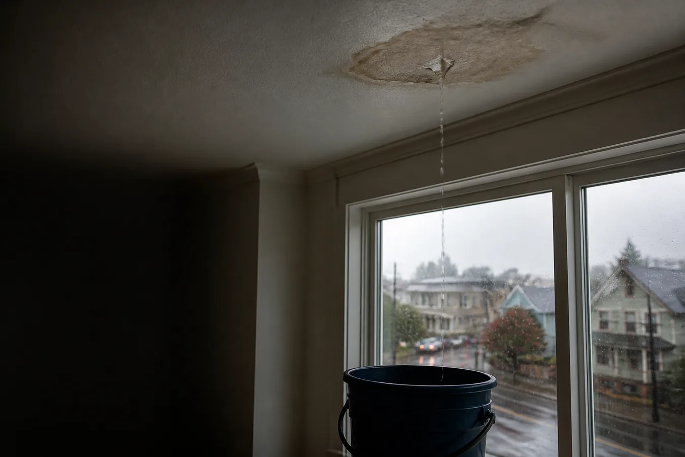 Illustrated interior ceiling stain and drip catch during rain.