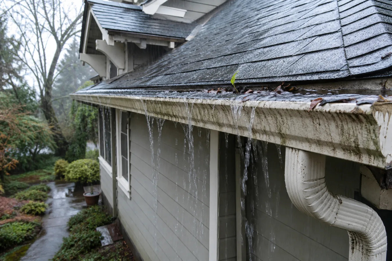 Illustrated overflowing residential gutter and stained fascia.