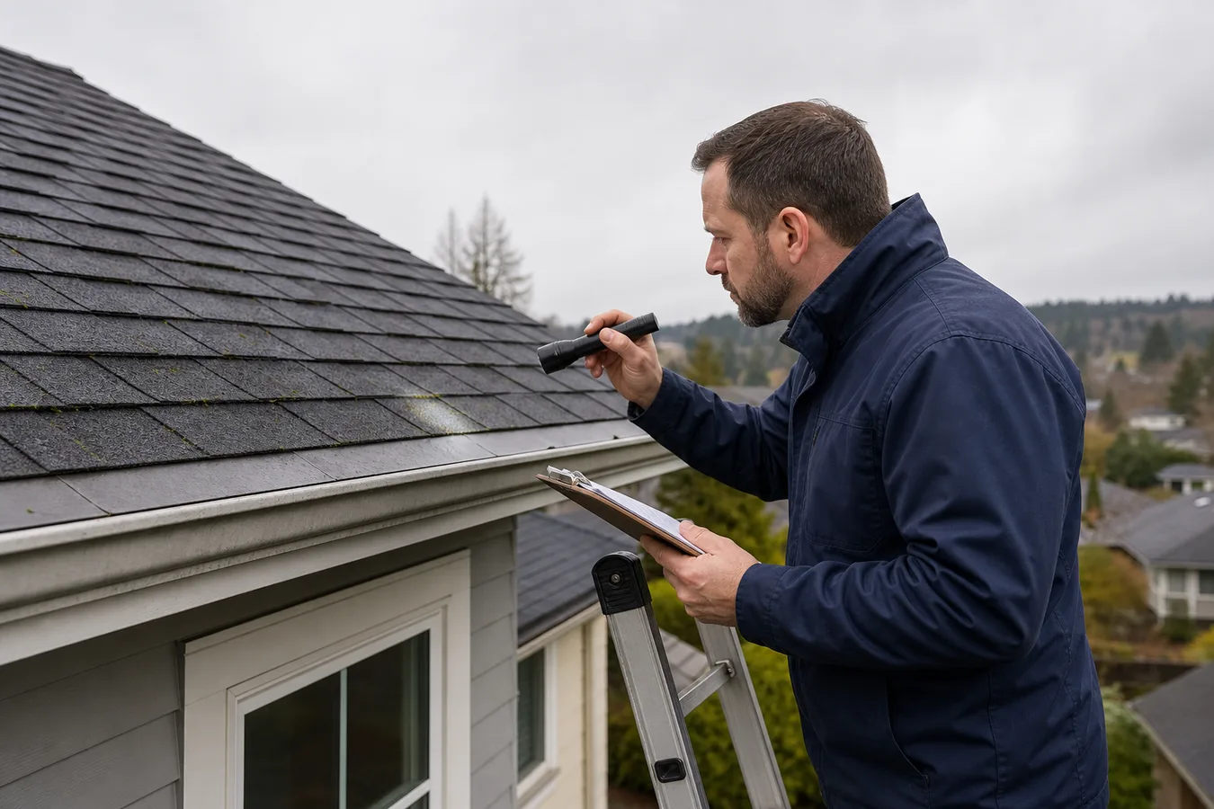 Illustrated roof inspection from a ladder at the eaves.