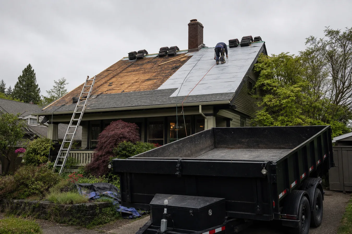 Illustrated residential roof replacement with new underlayment exposed.
