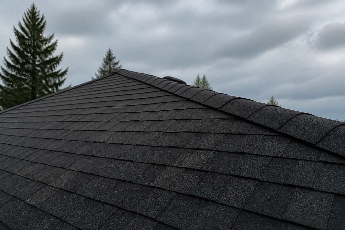 Illustrated ridge vent along a dark shingle roof peak.