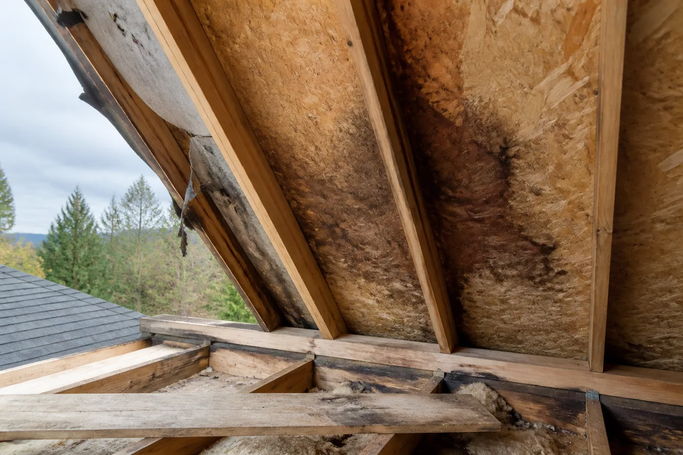 Illustrated moisture-stained roof decking after a leak.