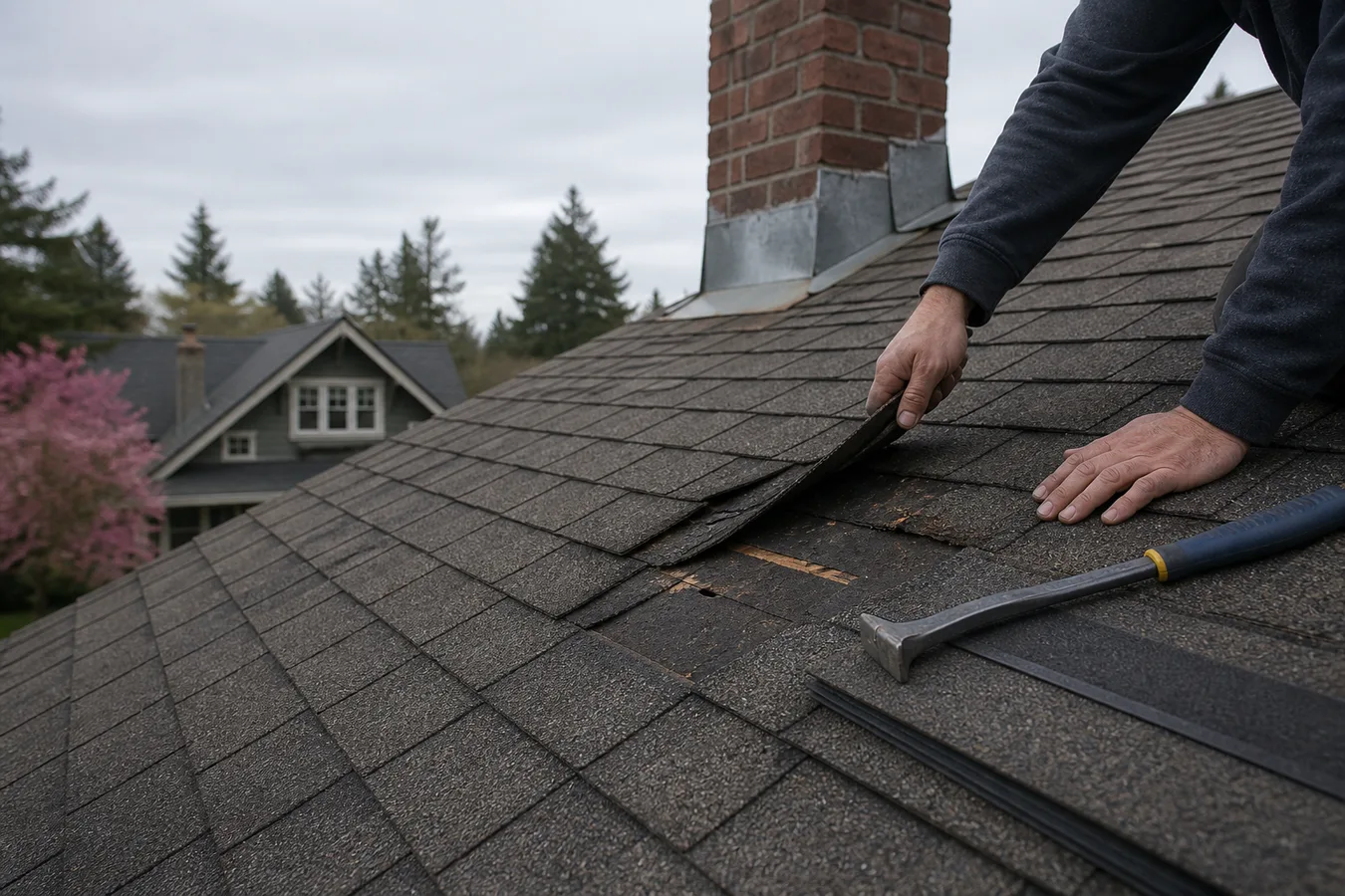 Illustrated Oregon asphalt shingle roof with localized damage prepared for repair.