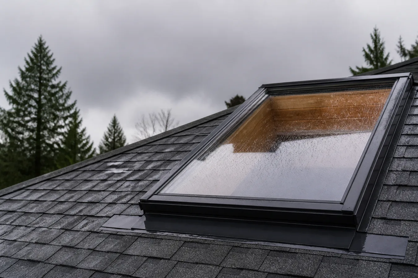 Illustrated wet skylight curb and flashing on a shingle roof.