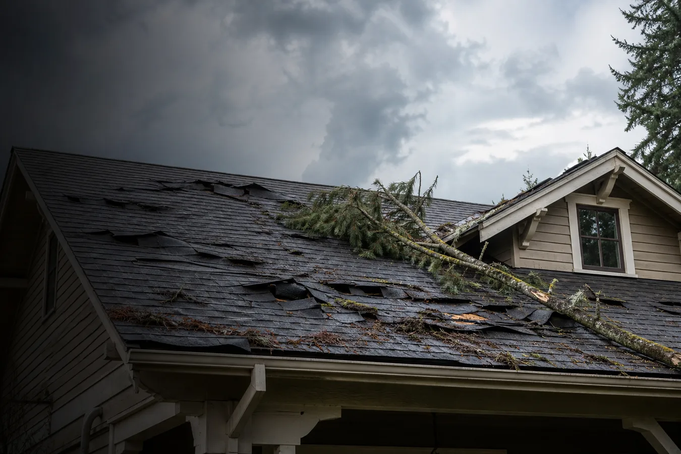 Illustrated wind-lifted shingles and storm debris on a residential roof.