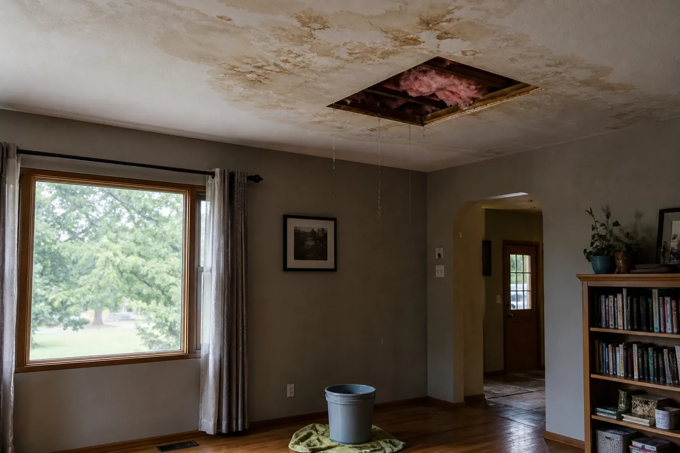 Illustrated interior ceiling water damage from a roof leak.